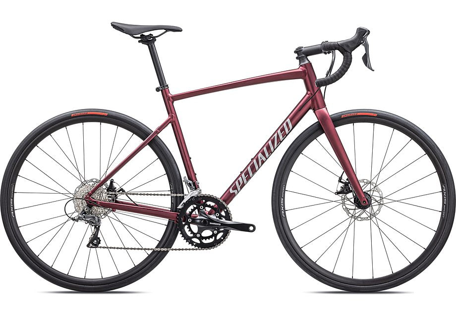 2026 Specialized Allez E5 Bike Satin Maroon / Silver Dust / Flo Red 56