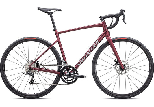 2026 Specialized Allez E5 Bike Satin Maroon / Silver Dust / Flo Red 58