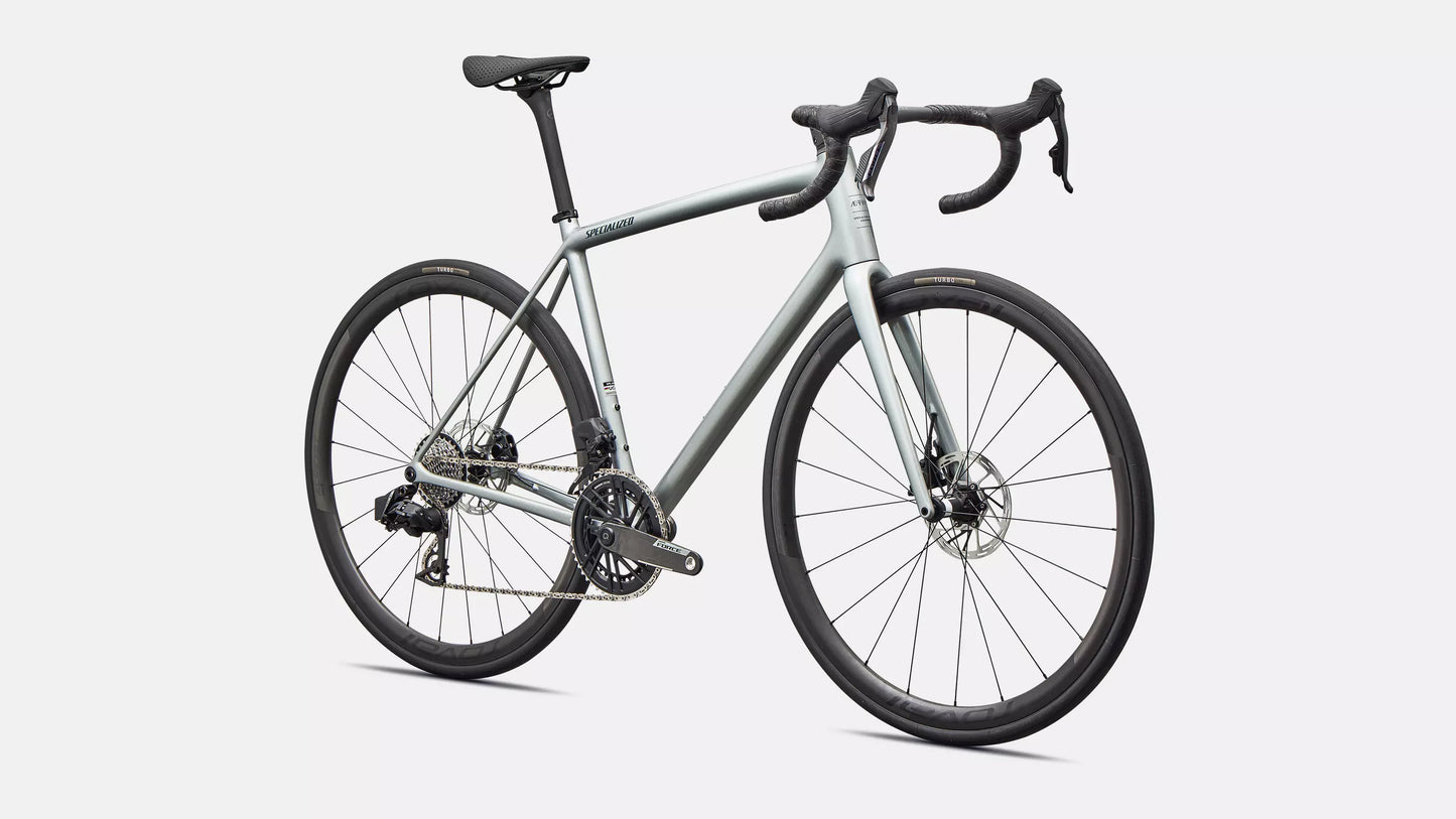 2026 Specialized Aethos Pro Axs Bike Gloss Shadow Silver / Emerald Metallic 56