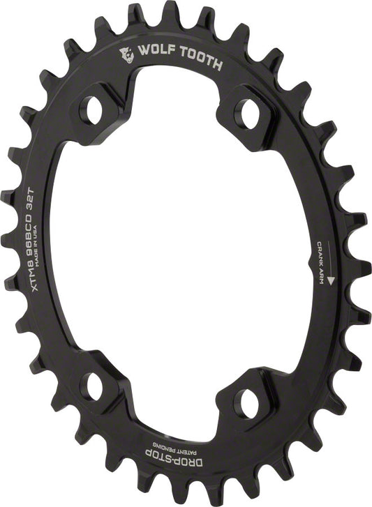 Wolf Tooth Elliptical 96 BCD Chainring - 32t 96 Asymmetric BCD 4-Bolt Drop-Stop A For Shimano XT M8000 SLX M7000 Cranks BLK