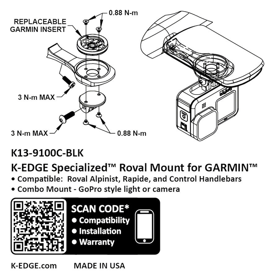 K-EDGE Garmin Specialized Roval Combo Mount - BLK Anodized Compatible up to Garmin 1050