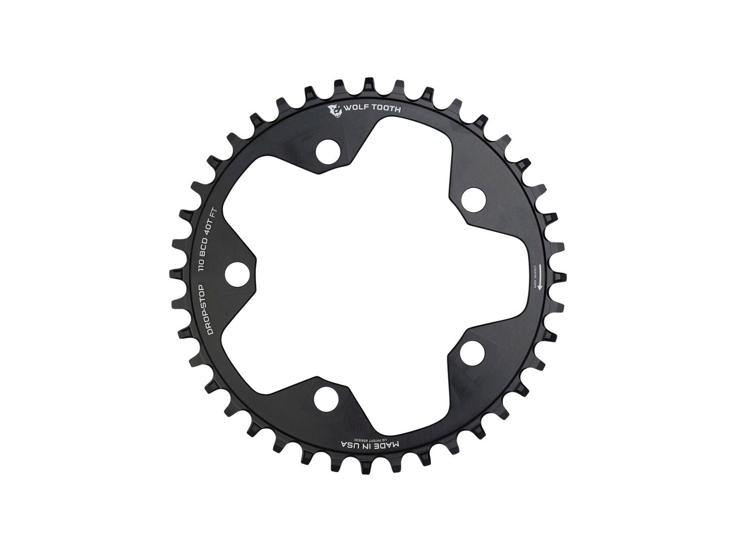 Wolf Tooth 110 BCD Cyclocross Road Chainring - 44t 110 BCD 5-Bolt Drop-Stop 10/11/12-Speed Eagle Flattop Compatible BLK