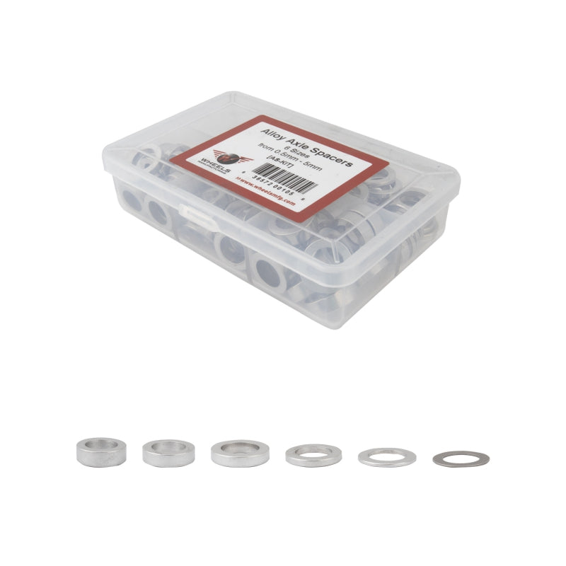 Wheels Manufacturing Kit of six assorted sizes .5 to 5mm 125 Spacers in storage box