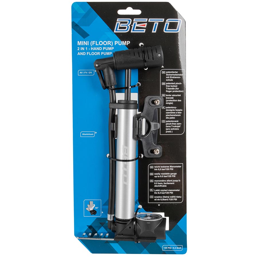 Beto 2 in 1 Mini Pump 125psi Reversible Silver