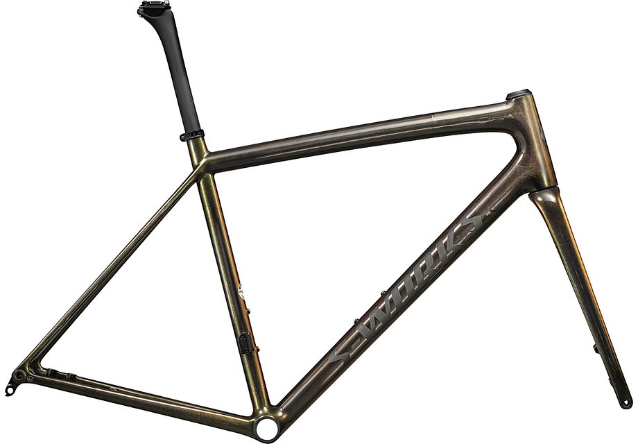 Specialized aethos S-Works frmset gloss carbon + magenta-gold edge fade + all over gold pearl 25% / satin metallic obsidian 49