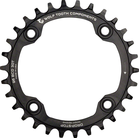 Wolf Tooth 96 Symmetrical BCD Chainring - 30t 96 BCD 4-Bolt Drop-Stop A For Shimano Cranks BLK