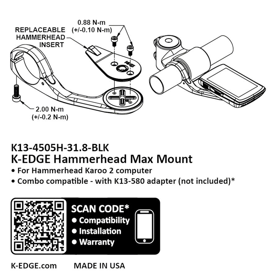 K-EDGE Hammerhead MAX XL Computer Mount - 31.8mm Black Anodize