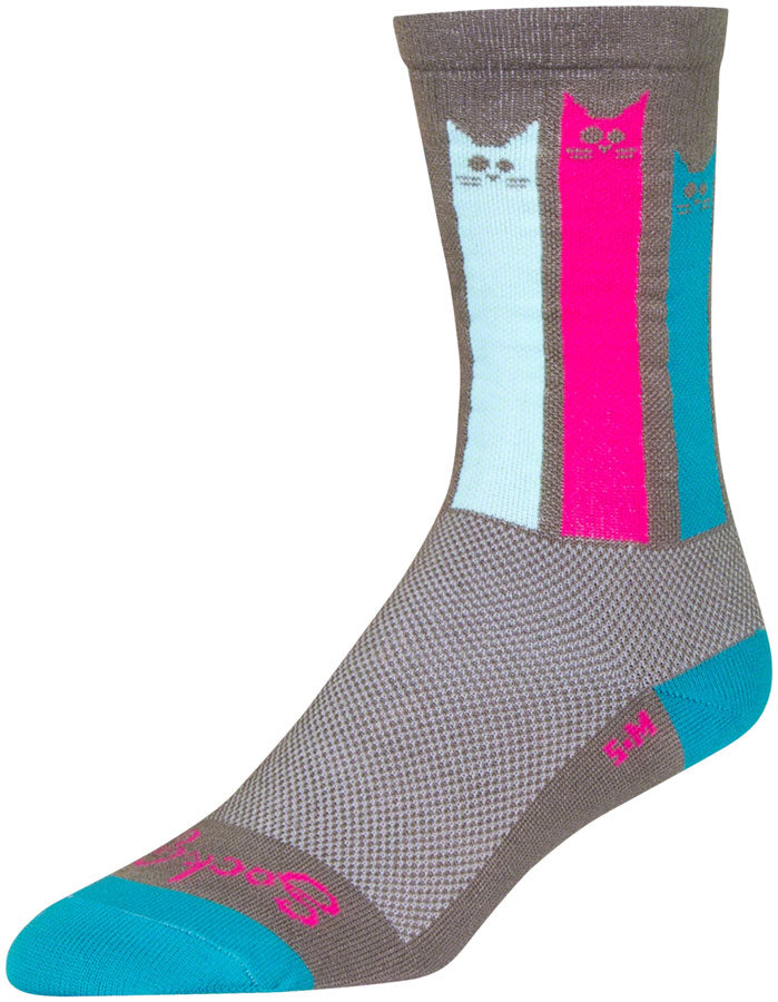 SockGuy Crew Felines Socks - 6" Gray/Pink/Teal Small/Medium